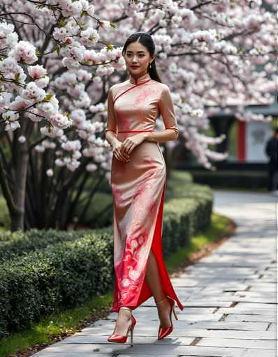 A woman is walking down a path lined with cherry blossom trees and bushes. She is wearing a pink dress with red accents that features a high neckline and long sleeves. The background includes more cherry blossoms in full bloom, creating a serene and picturesque setting for the scene.