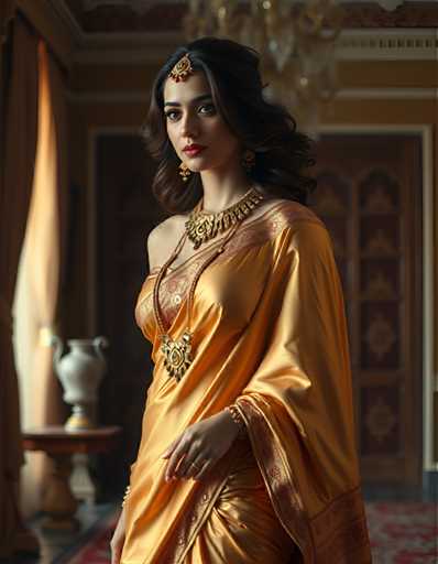 A woman is standing in front of a window with her hair styled in loose waves and wearing an orange saree adorned with gold jewelry. She has a red headpiece on her head and is holding a white vase.