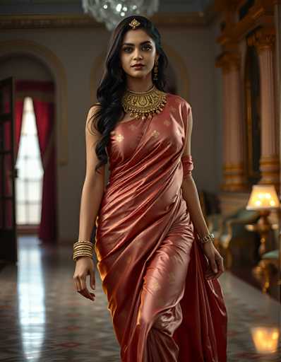 A woman is walking down a hallway wearing a red saree with gold accents and a gold necklace. She has dark hair and is looking directly at the camera. The hallway she is walking in appears to be part of an opulent building, as indicated by the presence of a chandelier hanging from the ceiling.