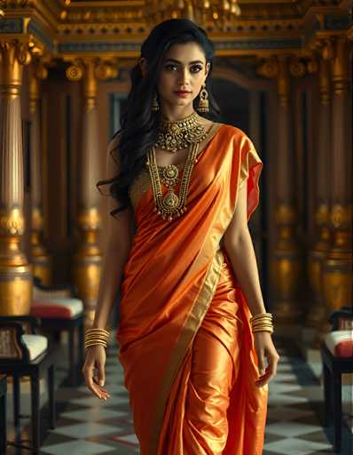 A woman is standing in front of a grand room with gold columns and walls. She is wearing an orange saree that flows down to her feet, and she has gold jewelry on her neck and wrists. The room appears to be a dining area or a banquet hall, as there are several chairs arranged around the space.