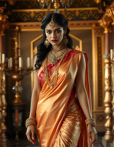A woman is standing in front of a grand room with gold accents and a chandelier hanging from the ceiling. She is wearing an orange saree that flows down to her feet, and she has a gold necklace and earrings on. The background features a large wall adorned with intricate designs and gold accents, creating a luxurious atmosphere.