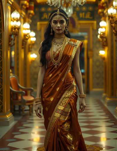 A woman is standing in an ornate room with gold accents and a red carpet. She is wearing a traditional Indian sari that is predominantly orange in color, adorned with gold embroidery on the bodice and skirt. The woman's hair is styled in an elegant updo, and she is wearing gold jewelry, including a large earring and a necklace.