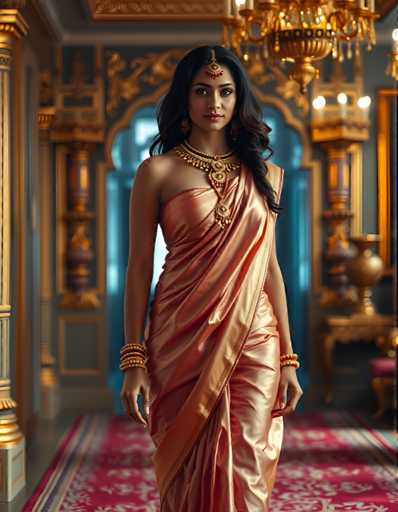 A woman is standing in front of a grand room with gold accents and a chandelier hanging from the ceiling. She is wearing an orange saree that flows down to her feet, and she has a gold necklace and earrings on. The background features a large archway leading into another room, suggesting a sense of depth or transition within the space.