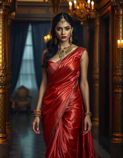 A woman is standing in front of a doorway with her back facing the camera. She is wearing an orange saree and gold jewelry, including a large earring on her left ear and a necklace around her neck. The doorway behind her has a gold frame that matches the gold jewelry she's wearing.