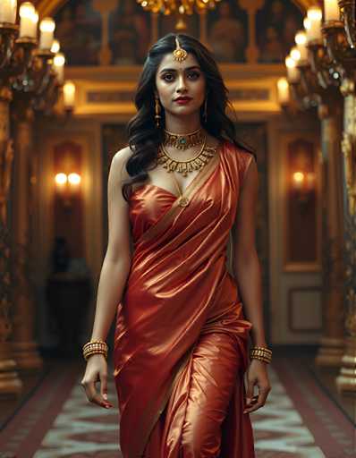 A woman is walking down an aisle with a gold and red color scheme. She is wearing a red saree that flows behind her as she walks. The saree has a gold and red pattern on the bottom half of it. On either side of the aisle are two columns, each adorned with ornate gold decorations. The walls of the room feature paintings depicting people in traditional attire.
