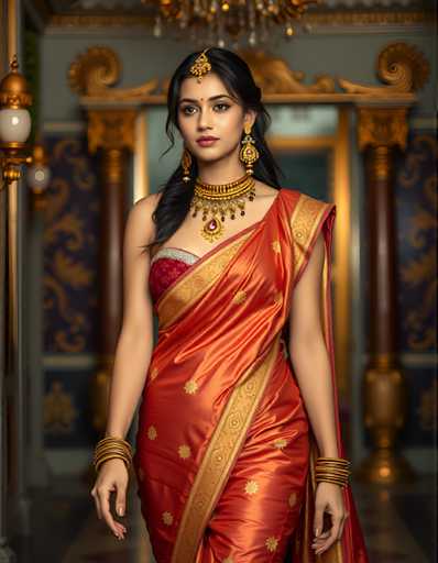 A woman is standing in front of a grand room with gold accents and a chandelier hanging from the ceiling. She is wearing an orange saree with gold embroidery and gold jewelry that includes earrings and bracelets. The background features a wall adorned with intricate designs, adding to the opulence of the scene.