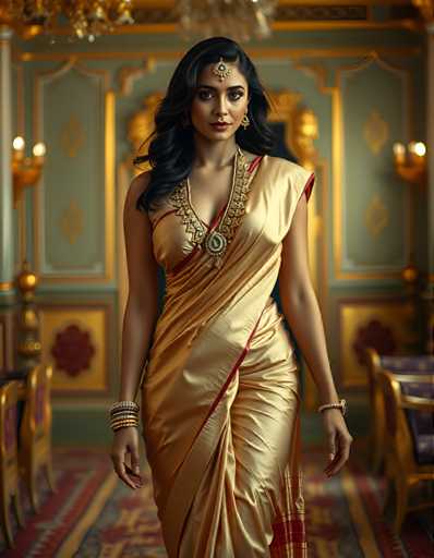 A woman is walking down a red carpet wearing a gold and red sari with a gold necklace and earrings. She has dark hair styled in loose waves and is looking directly at the camera. The setting appears to be an indoor space with a green wall featuring gold designs and a chandelier hanging from the ceiling, creating a luxurious atmosphere.