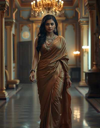 A woman is walking down an ornate hallway with a chandelier hanging from the ceiling and gold columns lining the walls. She is wearing a brown saree and gold jewelry.