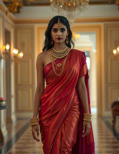 A woman is walking down a hallway wearing a red saree and gold jewelry. She has dark hair styled in loose waves and is carrying a large gold chain necklace with a pendant on her neck. The hallway she is walking down appears to be part of an opulent building, as indicated by the high ceiling and ornate decorations visible above her.