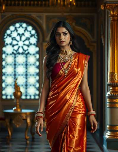 A woman is standing in front of a window with gold trim and a red curtain. She is wearing an orange saree that flows down to her feet, and she has a gold necklace and earrings on. The background features a white wall with a gold pillar, creating a contrast between the vibrant colors of the saree and the neutral tones of the wall.