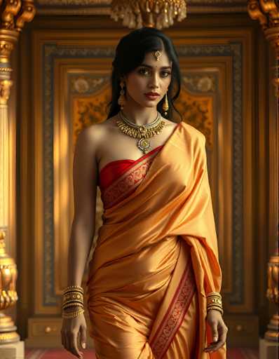 A woman is standing in front of a golden doorway with intricate designs and gold accents. She is wearing an orange saree with red trim and gold jewelry.