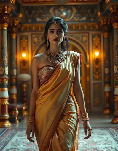 A woman is walking down an aisle in a grand room with gold columns and walls adorned with intricate designs. She is wearing a traditional Indian sari that is predominantly yellow with red accents on the sleeves and skirt. The woman also has a gold necklace and earrings, which complement her attire.