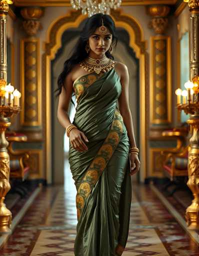 A woman is standing in front of a grand room with gold accents and columns. She is wearing a green saree with gold trim and a gold necklace. The room has a high ceiling and large windows that let in natural light, creating an elegant atmosphere.