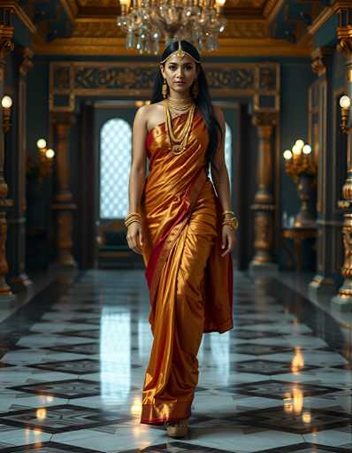 A woman is walking down an aisle in a grand room with gold accents and intricate designs on the walls. She is wearing a vibrant yellow saree that contrasts beautifully against the blue wall behind her. The woman's gold jewelry complements her attire, adding to the overall elegance of the scene.