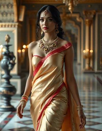 A woman is walking down a hallway wearing a gold and red sari with a large necklace and earrings. She has her hand on her hip and the hallway she's in appears to be an indoor space with columns lining the walls.