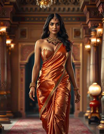 A woman is walking down an aisle in a grand room with ornate columns and a red carpet. She is wearing an orange saree that flows behind her as she strides forward. The room has a high ceiling adorned with intricate designs, and the walls are painted in a rich shade of brown. A chandelier hangs from the ceiling, casting a warm glow throughout the space.