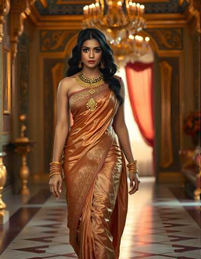 A woman is walking down an aisle with a gold and red color scheme. She is wearing a gold and red dress that has a high neckline and long sleeves. The dress features a large pendant on the left side of her chest. Her hair is styled in loose waves, and she is carrying a gold clutch purse.