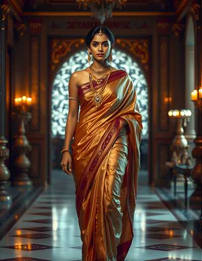 A woman is walking down an aisle in a grand room with gold accents and intricate designs on the walls. She is wearing a gold sari that flows behind her as she moves. The woman's head is adorned with a gold turban, and she wears a gold necklace and earrings.