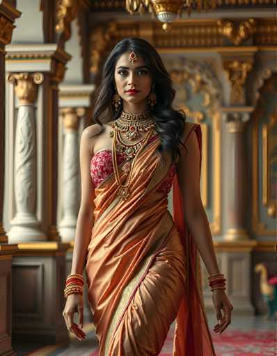 A woman is seen walking down a hallway with a gold and red color scheme. She is wearing an orange saree that has a pink collar and matching gold jewelry. The background features ornate columns and a chandelier hanging from the ceiling.