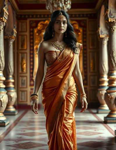 A woman is walking down an ornate hallway with gold columns and a chandelier hanging from the ceiling. She is wearing a traditional Indian sari that is predominantly orange in color, with intricate gold embroidery on the skirt. The woman also has a gold necklace and earrings adorning her neck and ears.