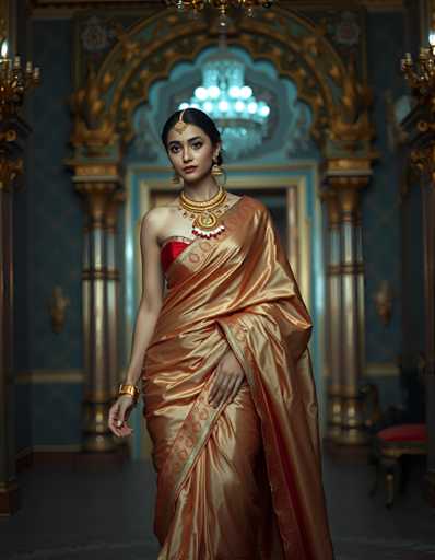 A woman is standing in front of a grand archway with gold accents and blue walls. She is wearing a gold sari that has a red collar and a gold necklace. The woman's hair is styled in an elegant updo, and she is holding a gold clutch purse.