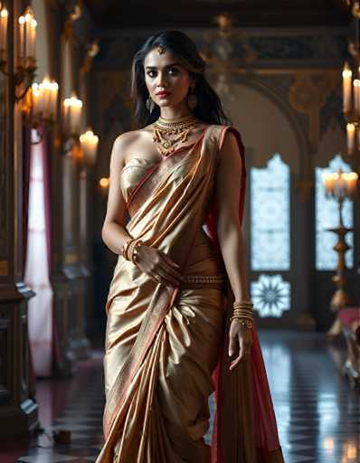 A woman is standing in front of a large window with gold curtains and a chandelier hanging from the ceiling. She is wearing a gold sari that has a red border on it. The woman is also wearing gold jewelry, including earrings and a necklace.