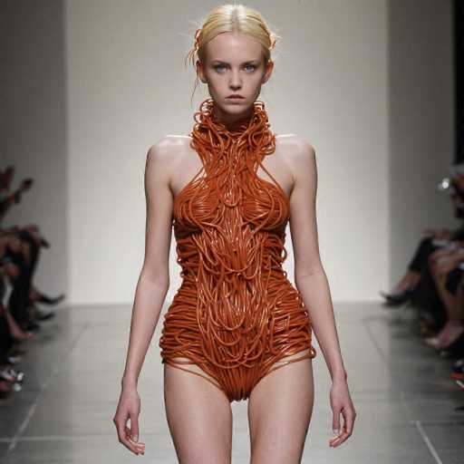 The image shows a model wearing an orange dress with long, thin strings that create the shape of a fishnet pattern on her body. The dress is designed to resemble a fishnet and has a high neckline and short sleeves. The model stands confidently in front of a white background, drawing attention to herself as she poses for the photo.
