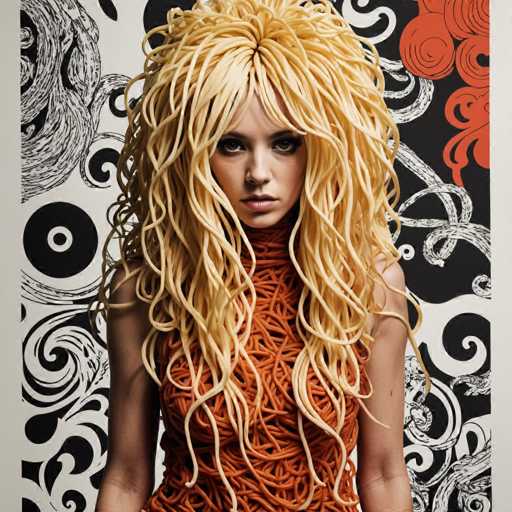 The image shows a woman with long blonde hair wearing an orange dress and a wig made of spaghetti noodles. The background features a black and white patterned design that includes circles and lines.