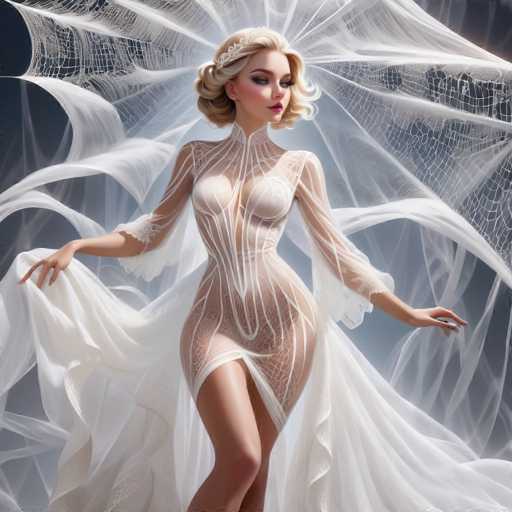 The image depicts a woman wearing a white dress with lace sleeves and a corset, standing against a dark blue background that features spider web-like patterns. The woman is positioned centrally within the frame, her body angled towards the right side of the image.