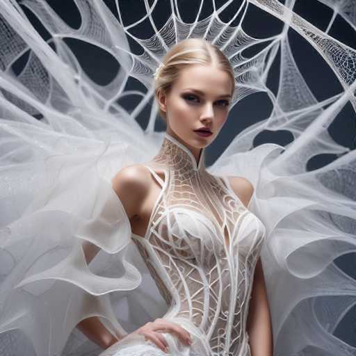 A woman is standing against a black background with her arms crossed and hands on her hips. She is wearing a white dress that features intricate lace detailing and a spider web pattern around the neckline. The dress has a high collar and corset, giving it an elegant and sophisticated look.