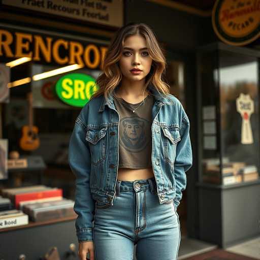 A young woman is standing outside a store called "rencroft recours fonction". She is wearing a denim jacket and blue jeans, with her hair styled in loose waves. The store has a green sign that reads "rencroft recours fonction", indicating its name or the type of business it operates.
The woman appears to be posing for the camera, possibly waiting inside the store or taking a break from shopping.