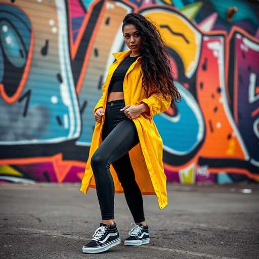 A young woman with long curly hair is standing on a street wearing a yellow raincoat and black pants against the backdrop of a colorful graffiti wall. She is also wearing black and white sneakers.