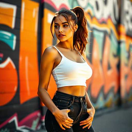 A woman with long brown hair is standing against a vibrant graffiti wall on the street. She is wearing a white tank top and black pants. The graffiti art behind her features a mix of orange, green, blue, and yellow colors.