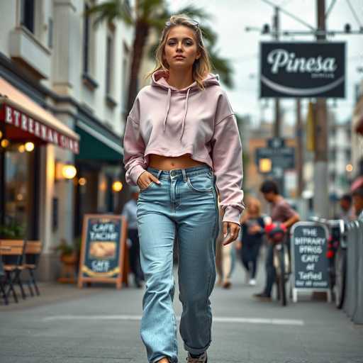 A young woman is walking down a city street wearing a pink hoodie and blue jeans with white sneakers. She has her hands in her pockets and is looking straight ahead. The background includes a building with a red sign that reads "Pineapple Cafe", as well as other buildings, trees, and people on the sidewalk.