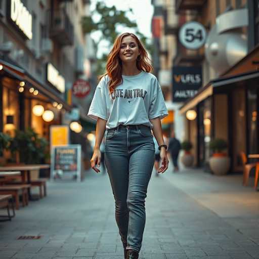 A young woman with red hair is walking down a city street at dusk. She's wearing a white t-shirt that says "I love animals" and blue jeans. The sidewalk she's on has a few potted plants along the side, and there are signs for a restaurant and a store in the background.