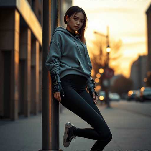 A young woman is standing on a sidewalk next to a street lamp and pole. She is wearing a gray hoodie over her black leggings and has white sneakers on her feet. The background shows buildings and cars in the distance, suggesting an urban setting.