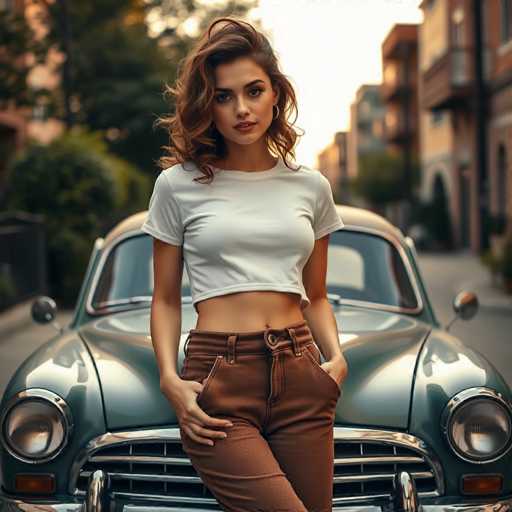 A young woman with brown hair is standing next to a vintage car on the street. She is wearing a white t-shirt and brown pants. The car has a blue roof and silver rims.