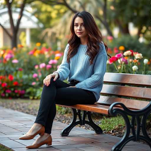 A young woman is sitting on a wooden bench in a park. She is wearing a blue sweater and black pants. The bench has a metal frame and is situated next to a flower bed filled with red and pink flowers.