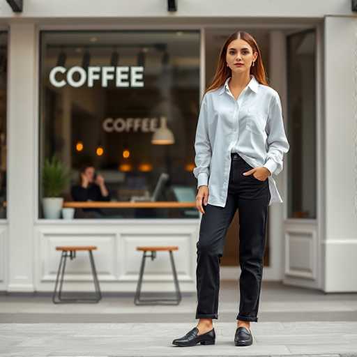 A woman is standing outside a coffee shop with her hands in her pockets and wearing a white shirt and black pants. The coffee shop has a large window that displays the word "coffee" written on it. In front of the coffee shop, there are two wooden stools and a potted plant.