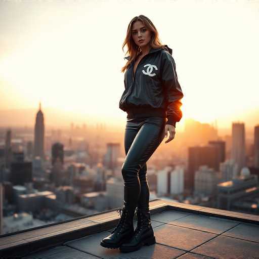 A woman stands on a rooftop with her back to the camera, wearing a black leather jacket and pants that feature a white "Chanel" logo. The city skyline forms the backdrop of the image, with buildings stretching towards the horizon under a warm sunset glow.