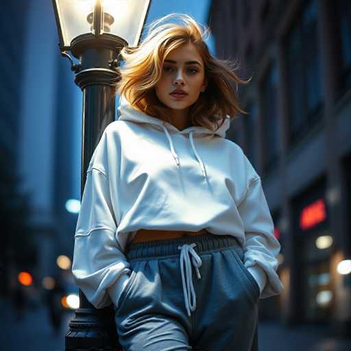 A young woman with long brown hair is standing on a sidewalk at night, wearing a white hoodie and blue sweatpants. She has her hands in her pockets and is looking directly at the camera. The background features tall buildings illuminated by street lamps, creating an urban atmosphere.