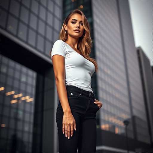 A woman with blonde hair is standing on a sidewalk in front of tall buildings. She is wearing a white t-shirt and black pants. The background features modern glass and steel architecture that reflects the light from the street lamps below.