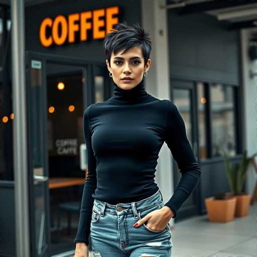 A young woman with short black hair is standing outside a coffee shop called "Coffee". She is wearing a black turtleneck sweater and blue jeans. The coffee shop has an orange sign that reads "coffee" in white letters.