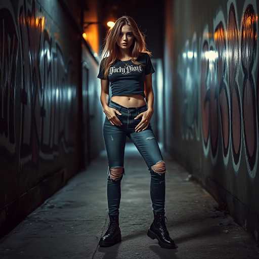 A young woman stands confidently against a backdrop of graffiti-covered walls and a concrete floor. She wears a black t-shirt with the word "Punch" printed on it, paired with blue jeans and black boots. The woman's hands are placed on her hips in a relaxed manner, and she gazes directly at the camera.