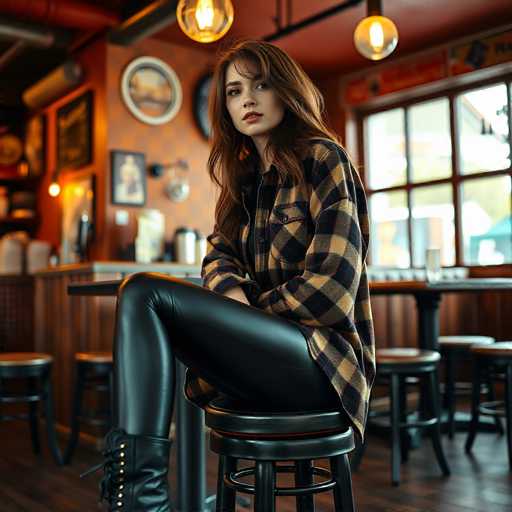 A woman is seated at a bar with her legs crossed and wearing black leggings and a plaid shirt. The bar has wooden stools and a counter, and the background features a window that allows natural light to illuminate the space.