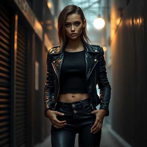 A young woman is standing on a street at night, wearing a black leather jacket and pants with her hands in her pockets. She has long brown hair that falls over her shoulders. The background features a dark alleyway with a building on the right side of the photo.