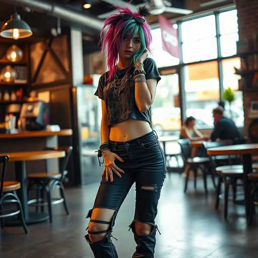 A young woman with vibrant pink hair and a black t-shirt is the main subject of this image. She stands confidently against a backdrop of a restaurant interior, which includes tables and chairs arranged around her. The woman's attire consists of ripped jeans and a black t-shirt adorned with a graphic design.