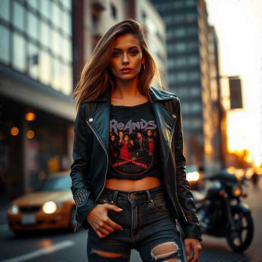 A young woman is standing on a city street at sunset, wearing a black leather jacket and ripped jeans with a graphic t-shirt featuring the band "Reindeer". She has her hands in her pockets and is looking directly at the camera. In the background, there are buildings and cars visible, suggesting an urban setting.