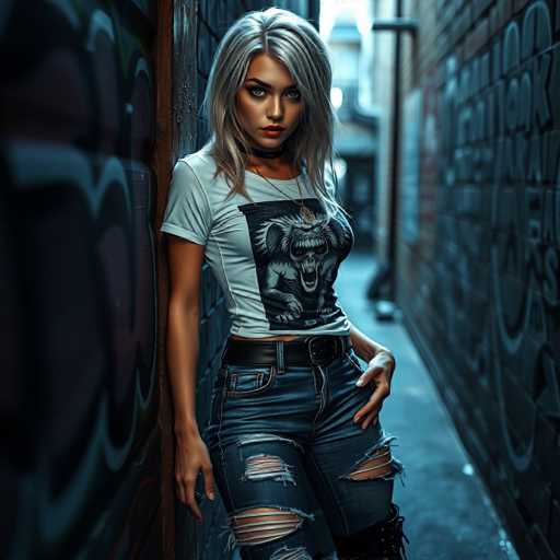 A young woman with blonde hair is standing against a graffiti-covered wall on an alleyway. She is wearing a white t-shirt with a black and white graphic of a lion, blue jeans, and black boots. The woman has her hands in her pockets and is looking directly at the camera.