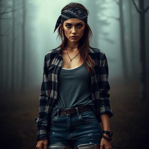 A young woman stands confidently in a foggy forest, wearing a black bandana on her head and a plaid shirt over a gray tank top. She holds a brown leather bag in one hand while the other is tucked into her pocket. The background features tall trees with their leaves rustling in the breeze, creating an ethereal atmosphere.